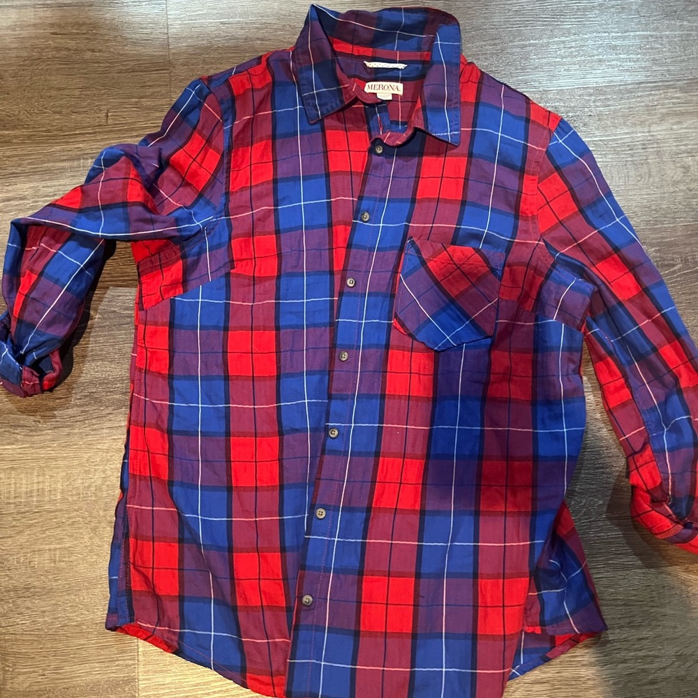 Red and blue Merona plaid button up shirt